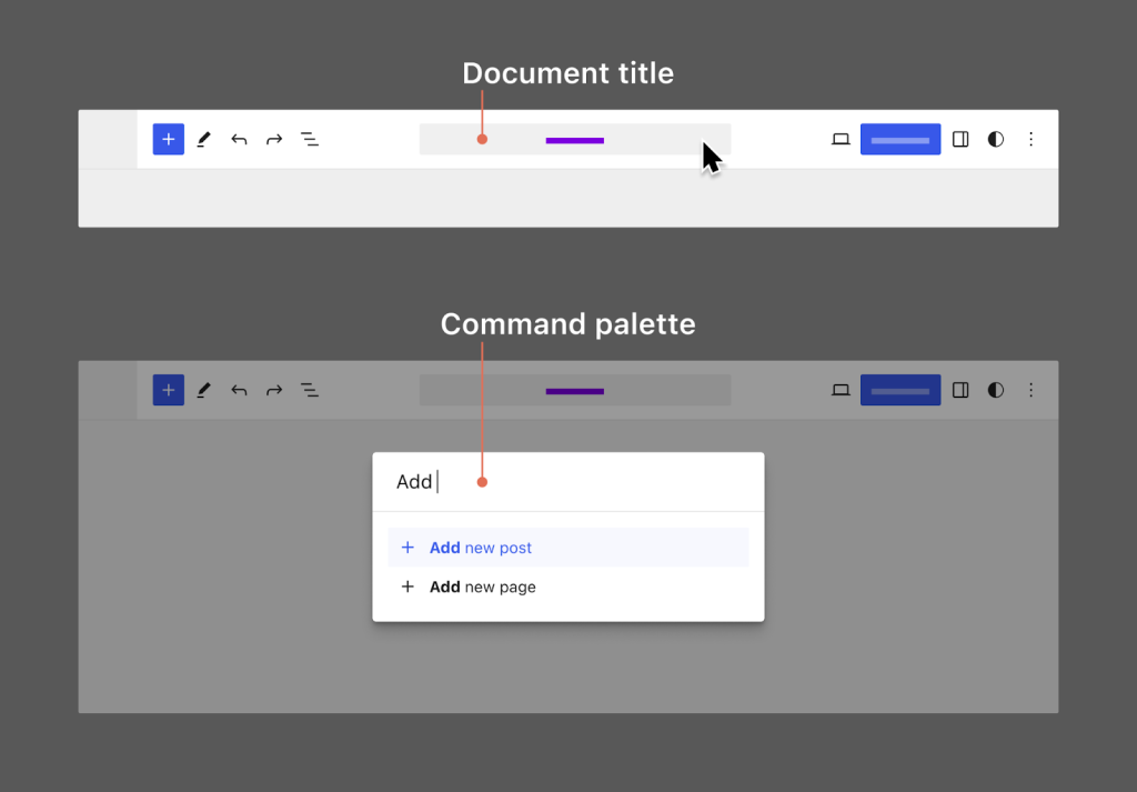 Annotated visual showing a separation between document title and command palette in the WordPress editor.